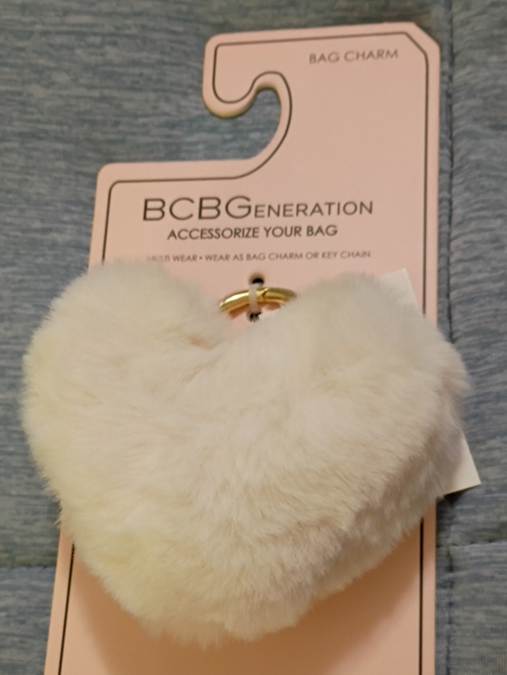BCBGeneration Cream Heart Faux Fur Key & Bag Charm with Gold Ring